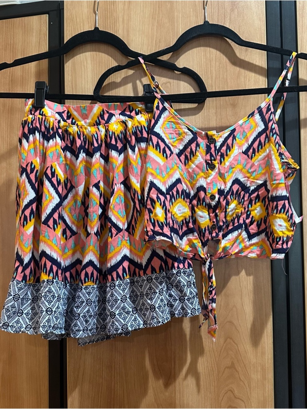 Bright Geometric Two-Piece Tie-Front Set - Pink, Yellow, Navy